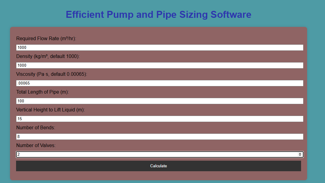 pipe sizing pump sizing Calculator