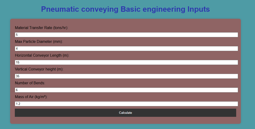 Pneumatic conveyor dilute phase design Calculator